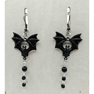 Bat Earrings Dangle Drop Black Bead Halloween Gothic Emo Witchy Jewelry Handmade